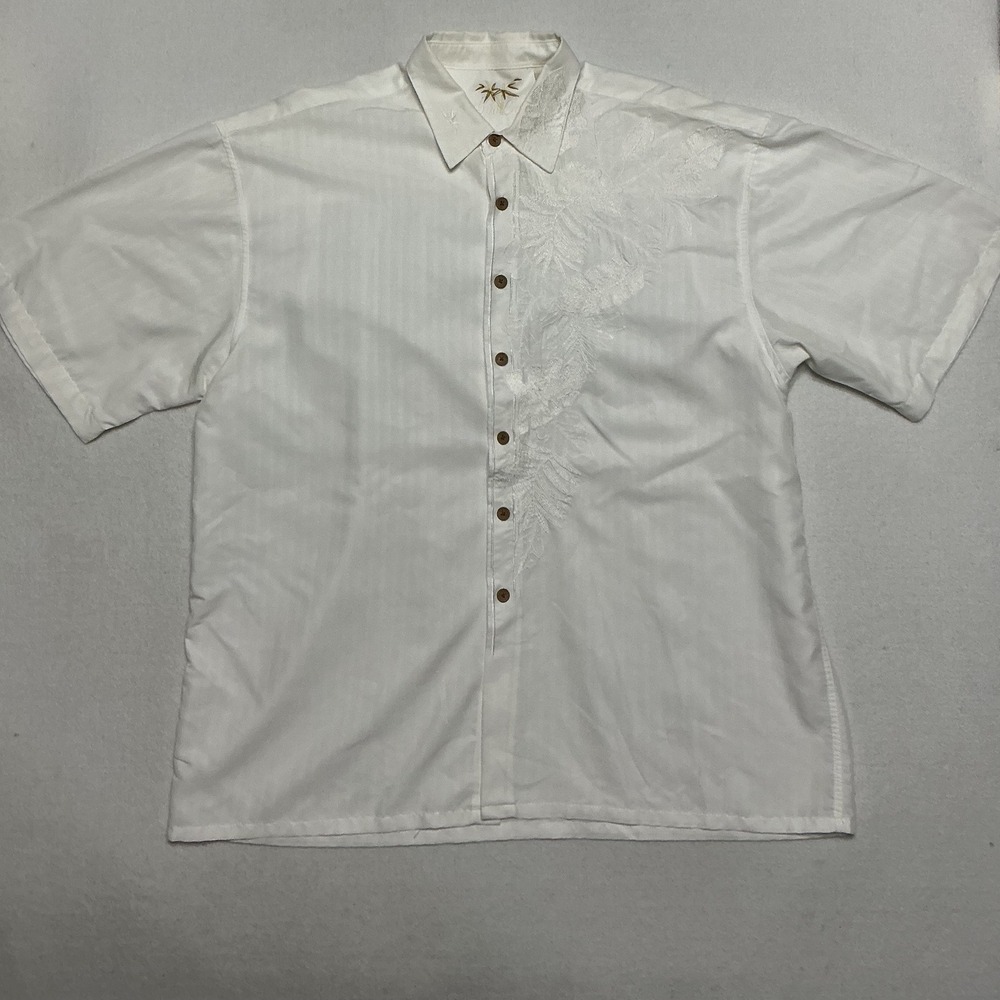 Bamboo Cay Mens Large White Embroidered Hawaiian Shirt Tropical Palm Button Up